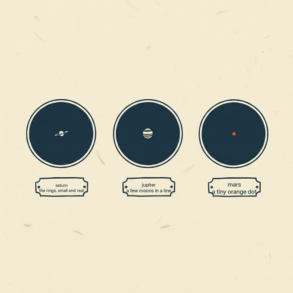 what Saturn, Jupiter and Mars really look like through a small telescope: small and bright, not like the posters