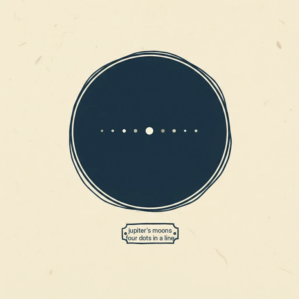 what Jupiter and its four moons look like through binoculars: tiny dots in a line