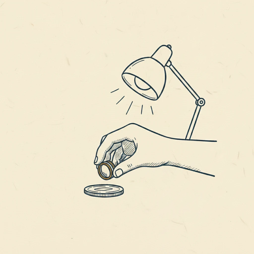 inspecting a coin with a jeweler's loupe under good light