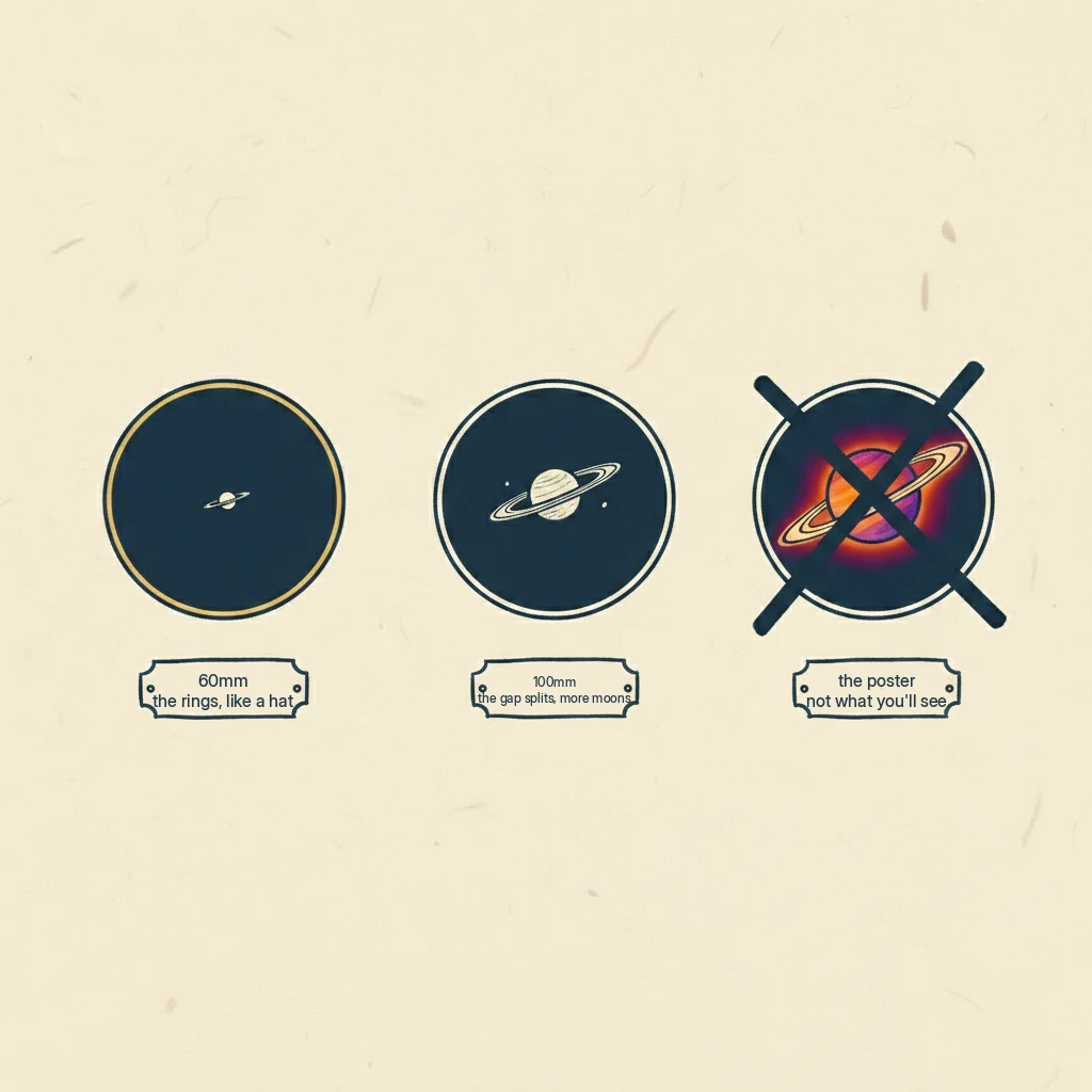what Saturn really looks like through a small, medium, and big telescope, small and real, not like the poster