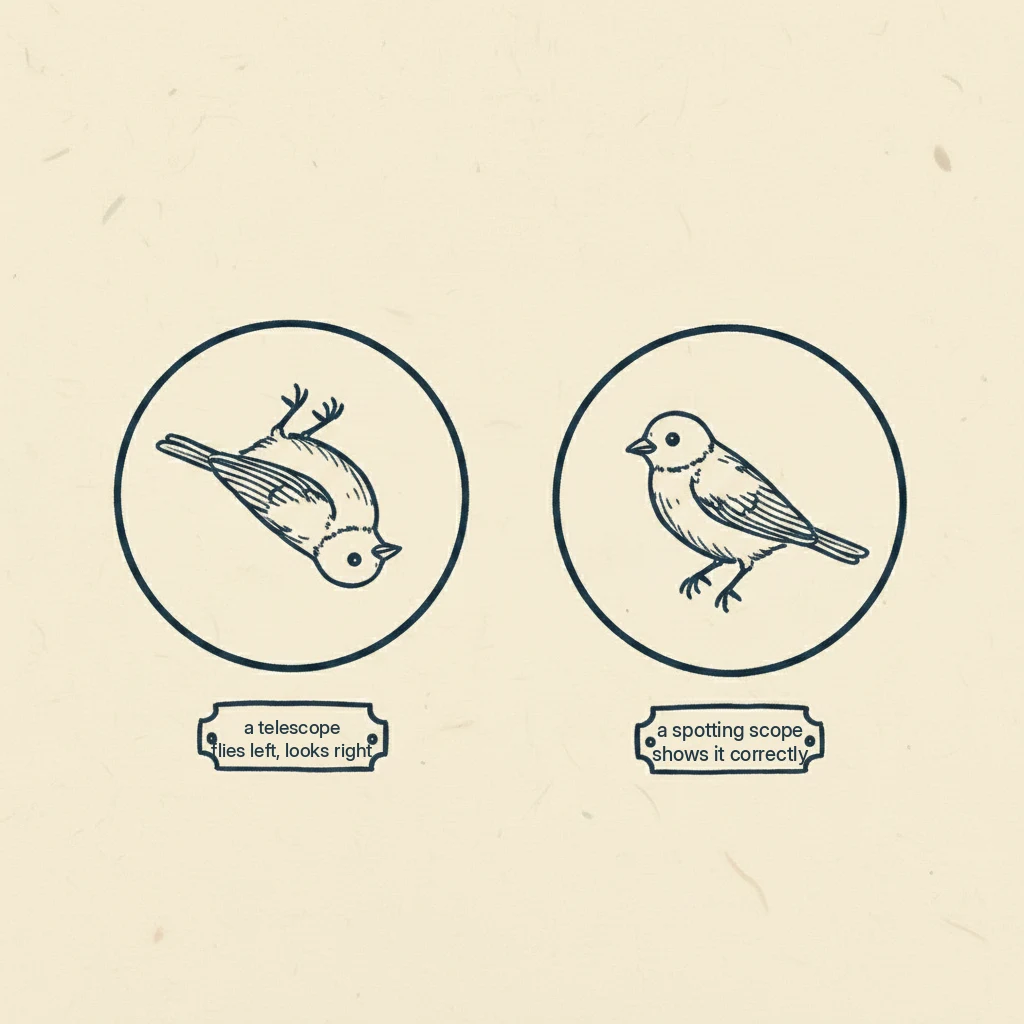 why an astronomical telescope shows birds upside-down and a spotting scope shows them the right way up