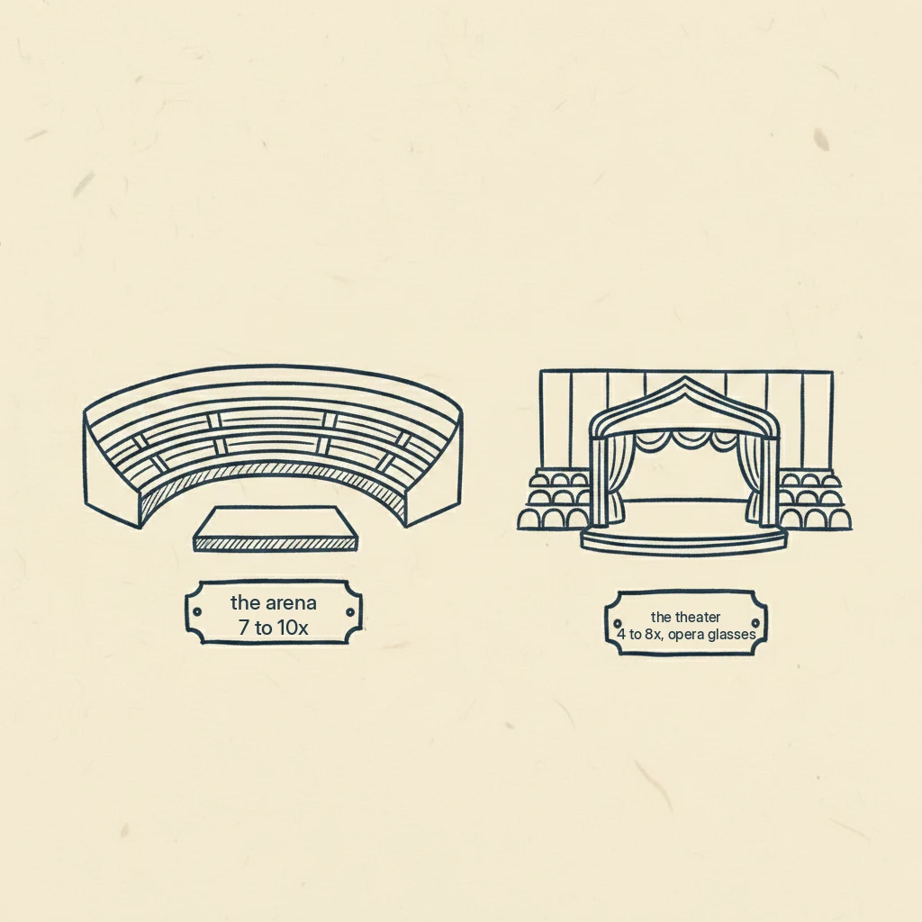 which binocular power for a concert versus a theater, the arena needs more, the theater needs less