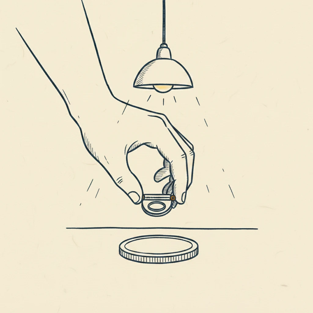 inspecting a coin with a 10x jeweler's loupe under good light