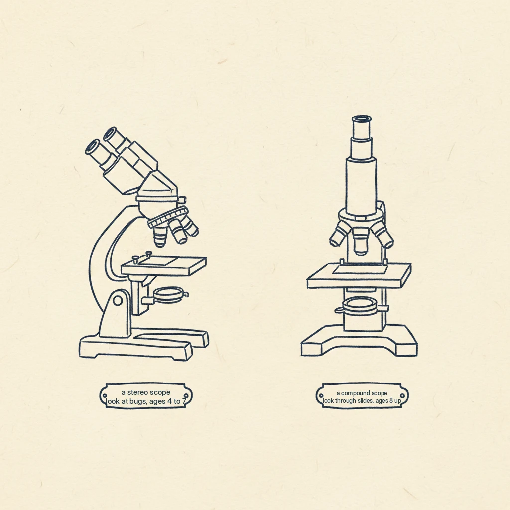 the two kinds of kid microscope, a stereo for looking at whole bugs, a compound for looking through slides at tiny cells