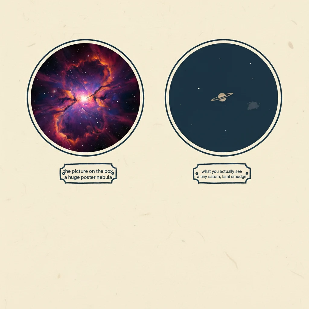 a drawing that shows what a telescope really looks like through the eyepiece compared to the photo on the box