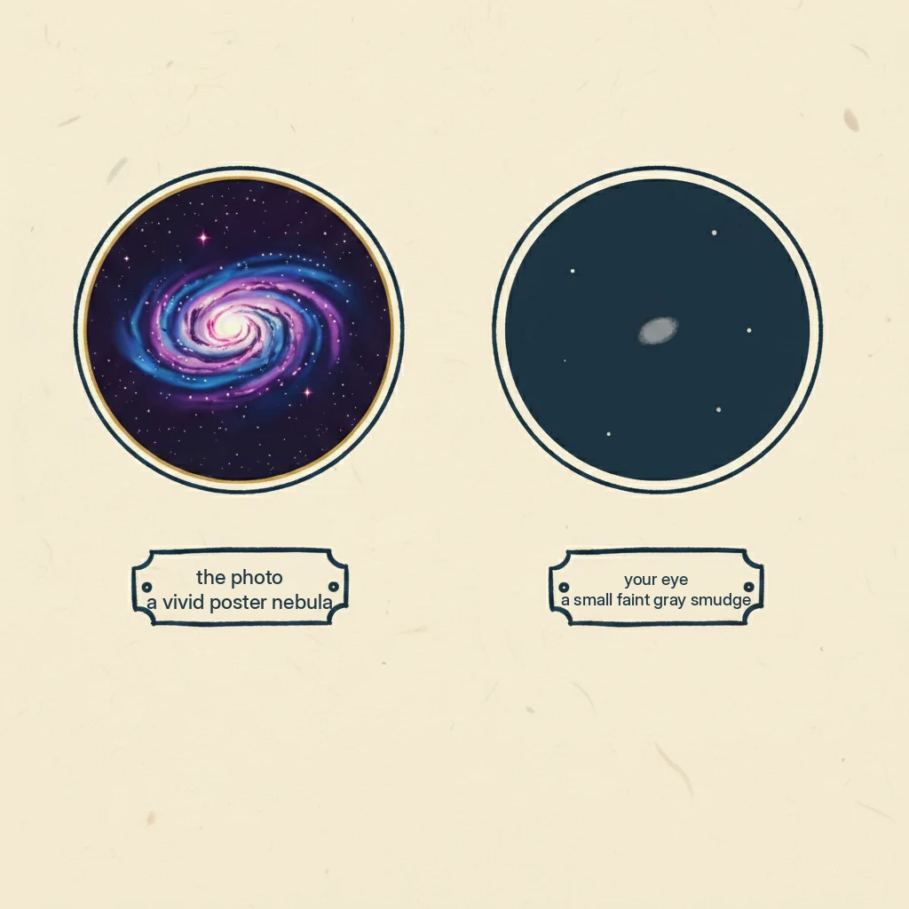 a drawing comparing a famous colorful space photo to what a galaxy really looks like through a telescope