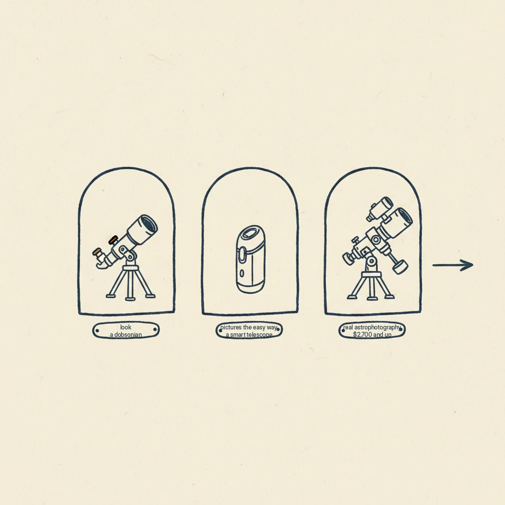 a drawing showing three different ways to get into astronomy and what each one costs