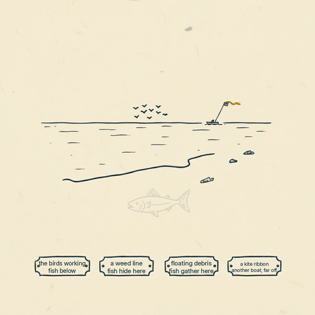 a drawing showing what fishermen actually look at with binoculars: birds, weed lines and debris, not fish
