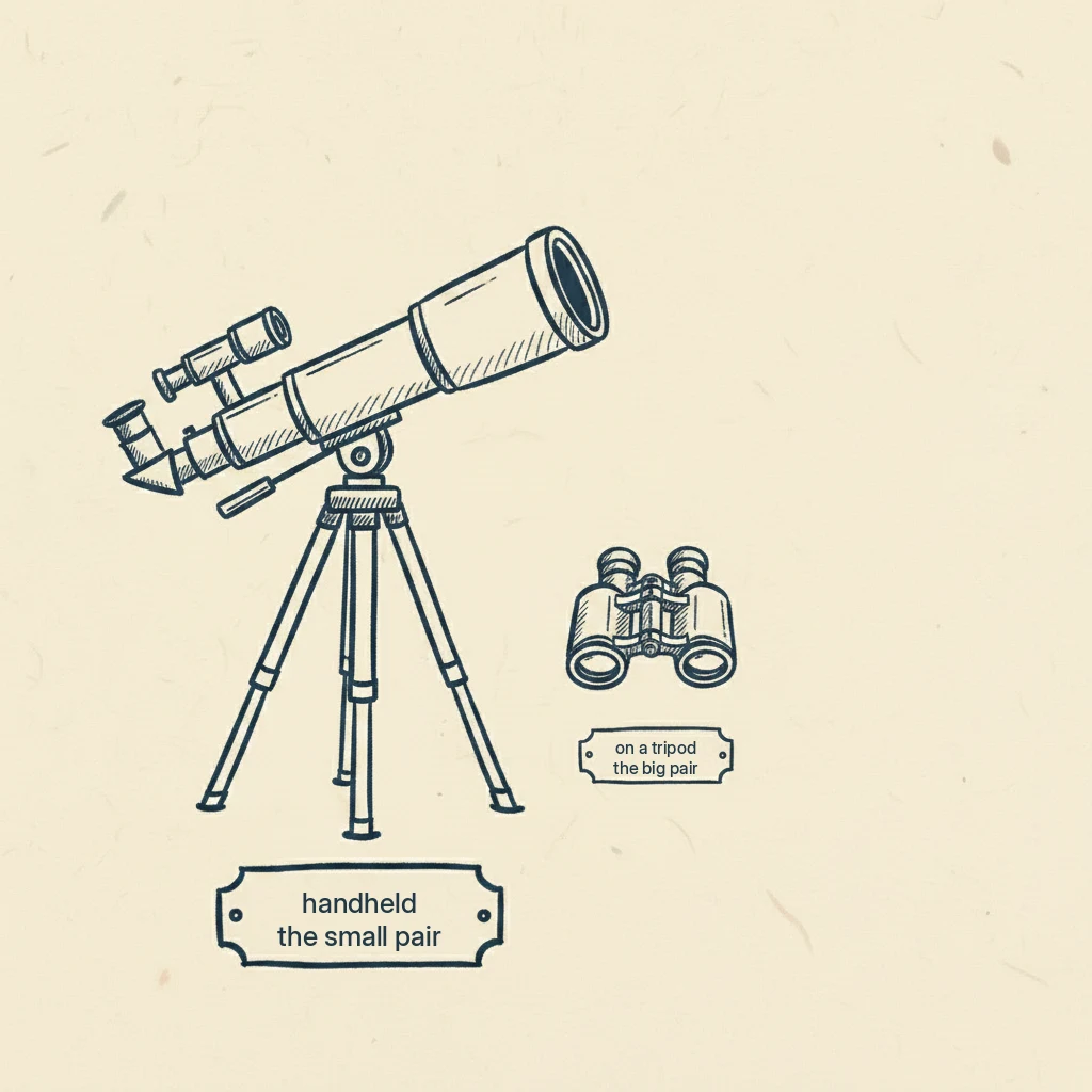 a high-power binocular on a tripod next to a handheld pair for comparison