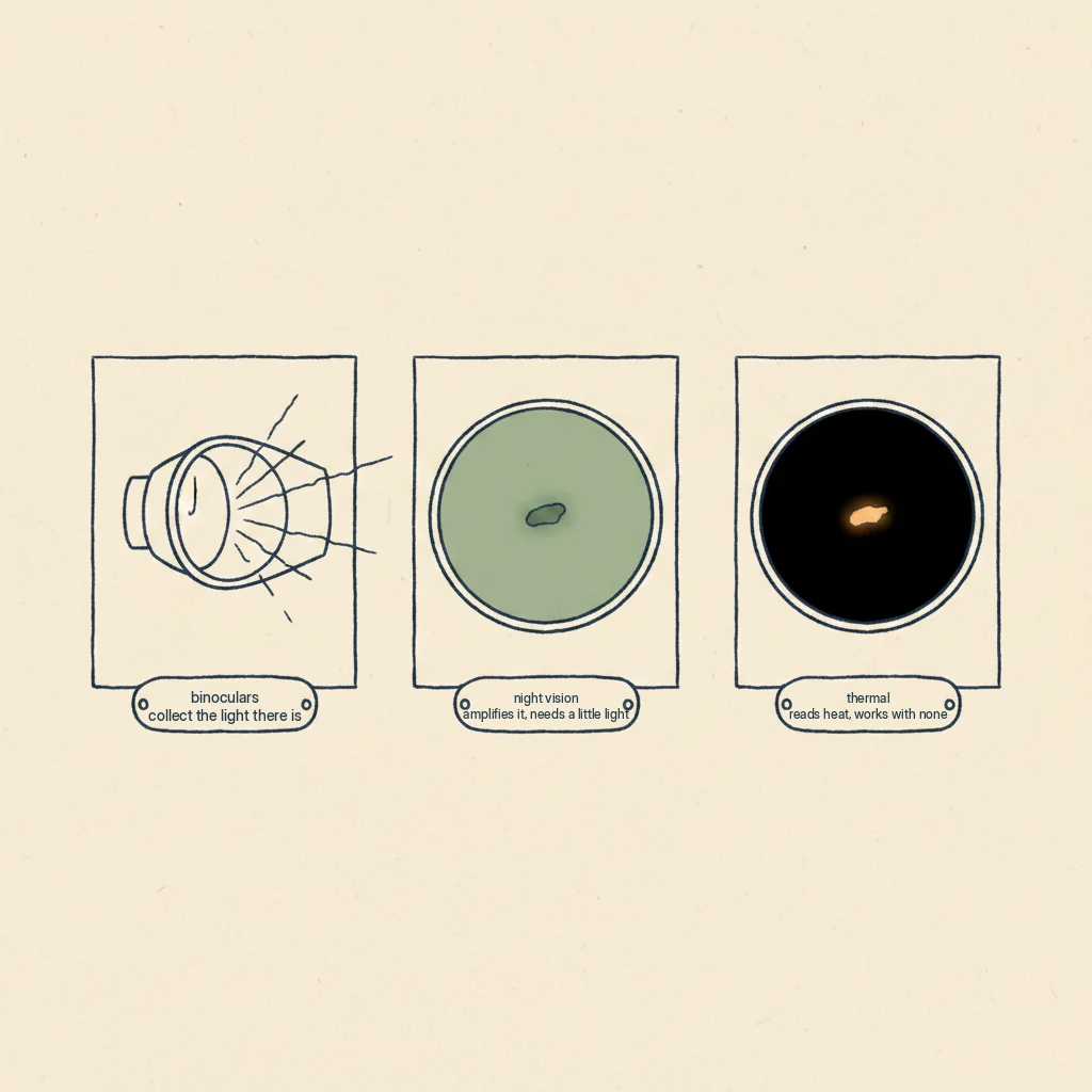 a drawing showing the difference between regular binoculars, night vision, and thermal cameras