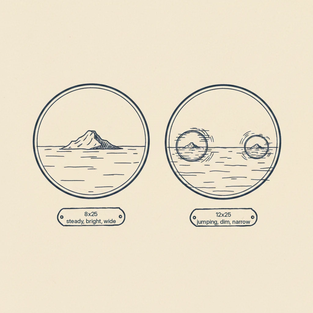 a drawing showing why lower power binoculars work better on a moving cruise ship