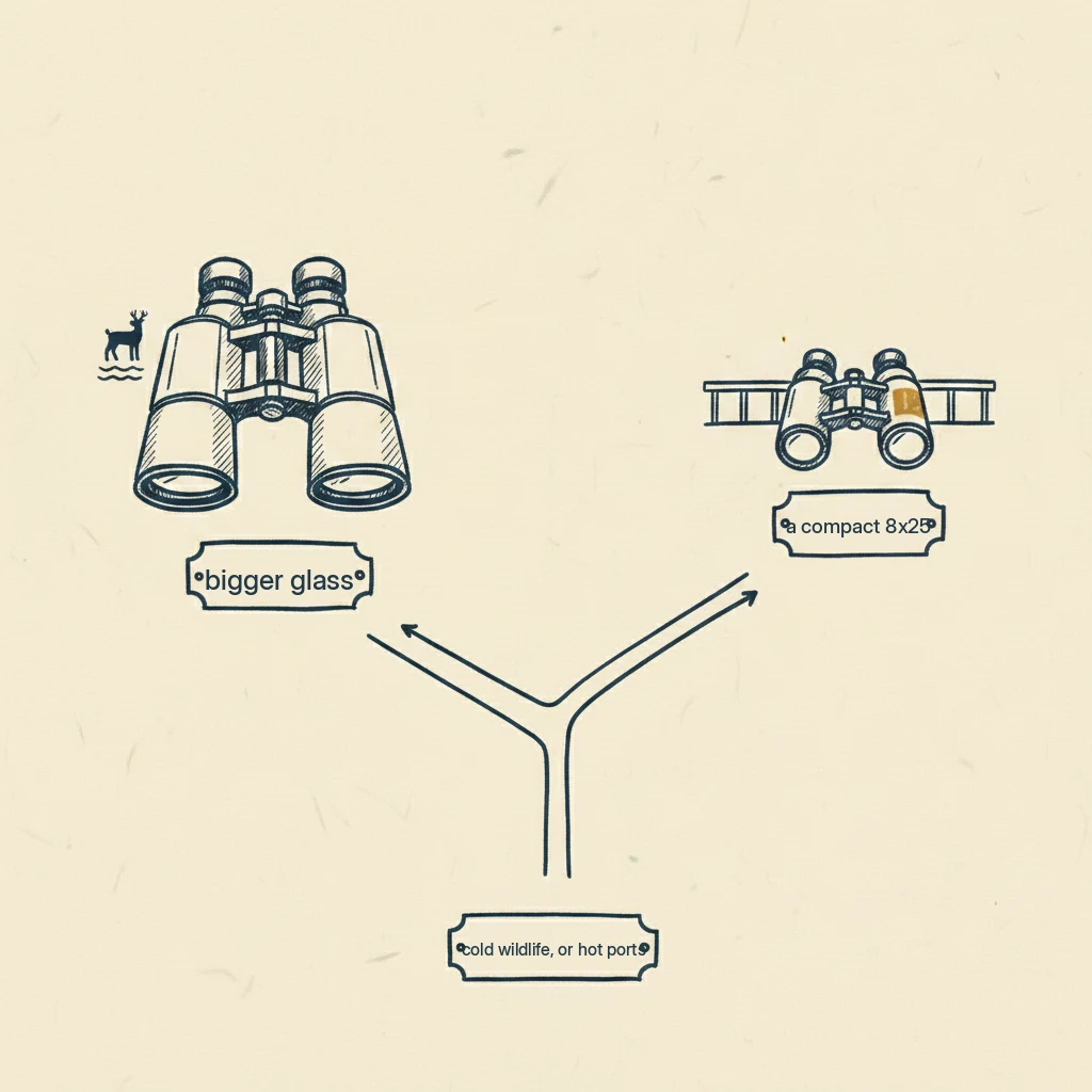 a drawing showing which binoculars to bring depending on what kind of cruise you're taking