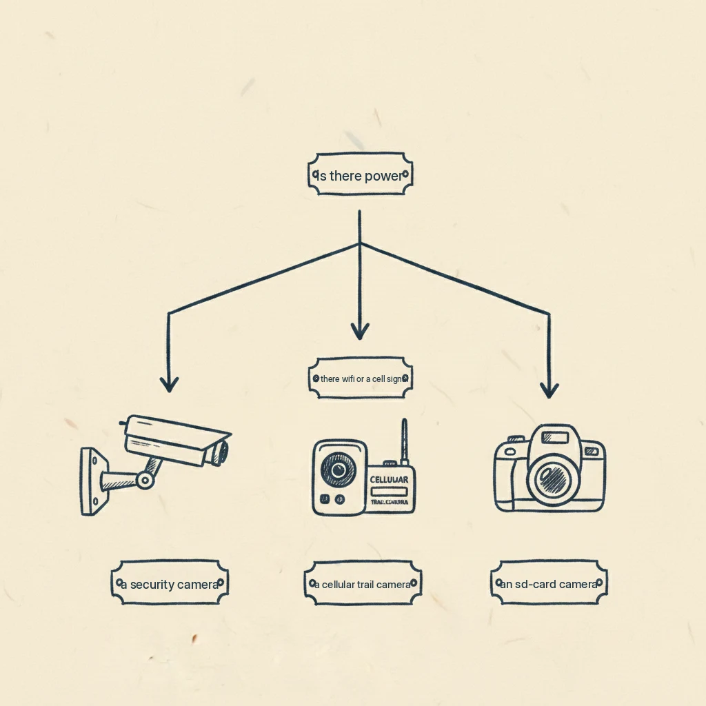 a drawing that helps you choose between a security camera and a trail camera for your driveway by asking two questions
