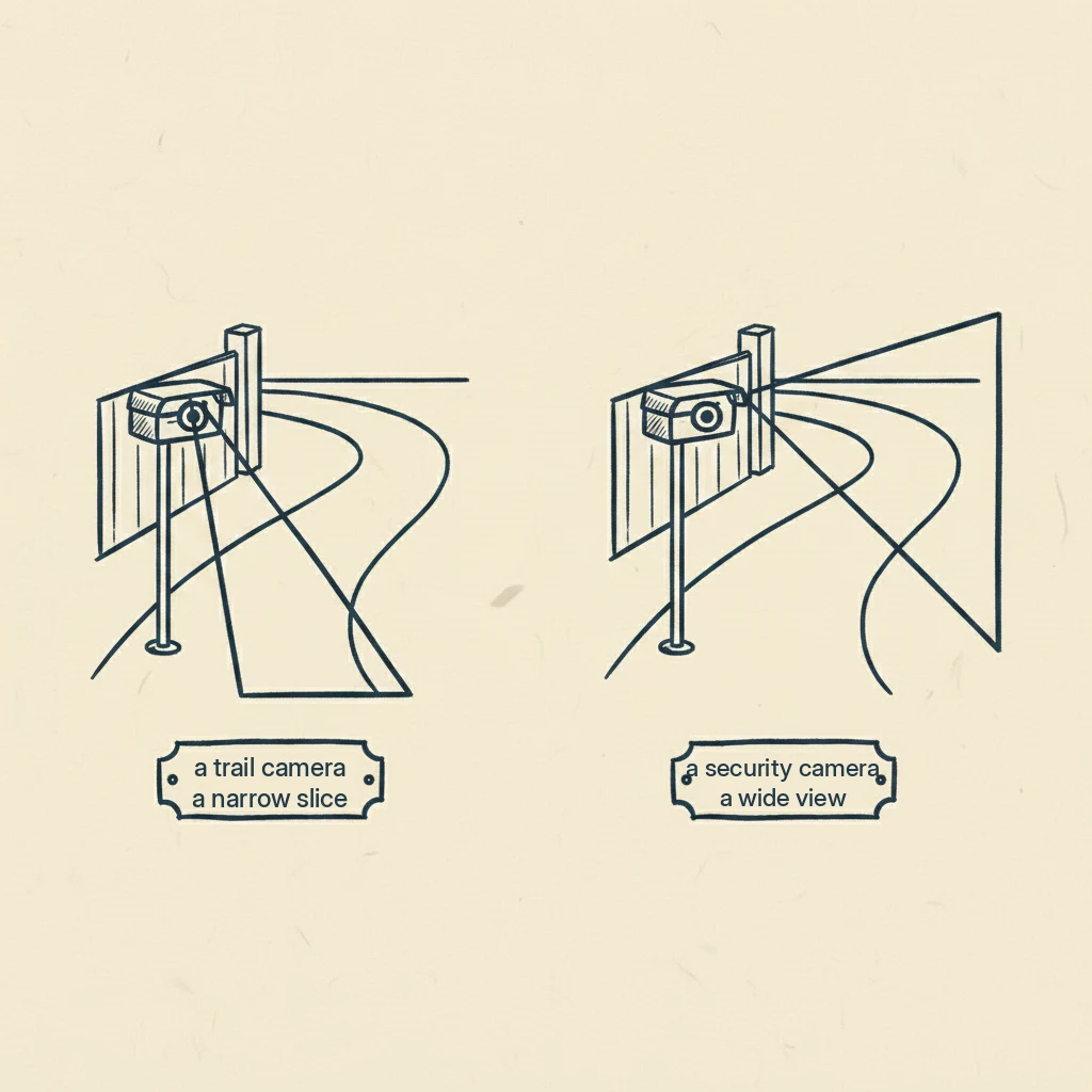 a drawing showing that a security camera sees a much wider area than a trail camera