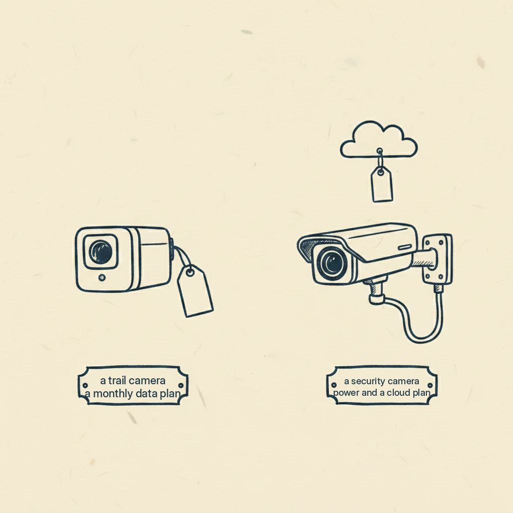 a drawing showing that both a trail camera and a security camera can cost money every month after you buy them