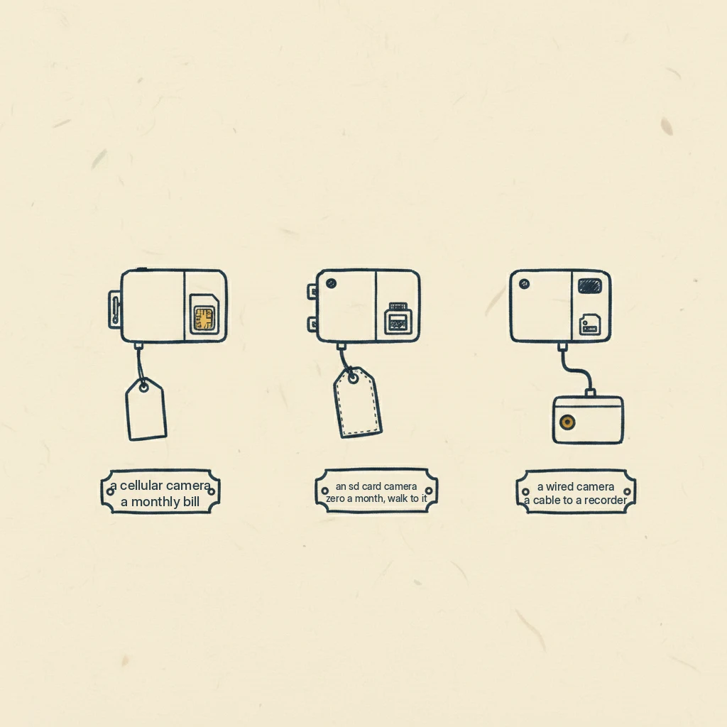 a drawing showing the three ways a driveway camera can work without wifi and what each one costs every month