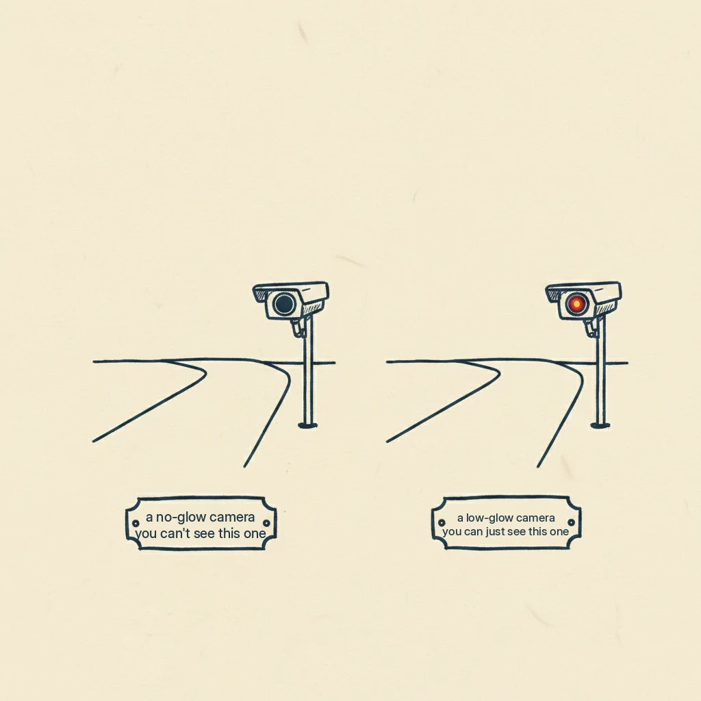a drawing showing that at night some trail cameras glow a little red when they take a picture and some don't glow at all