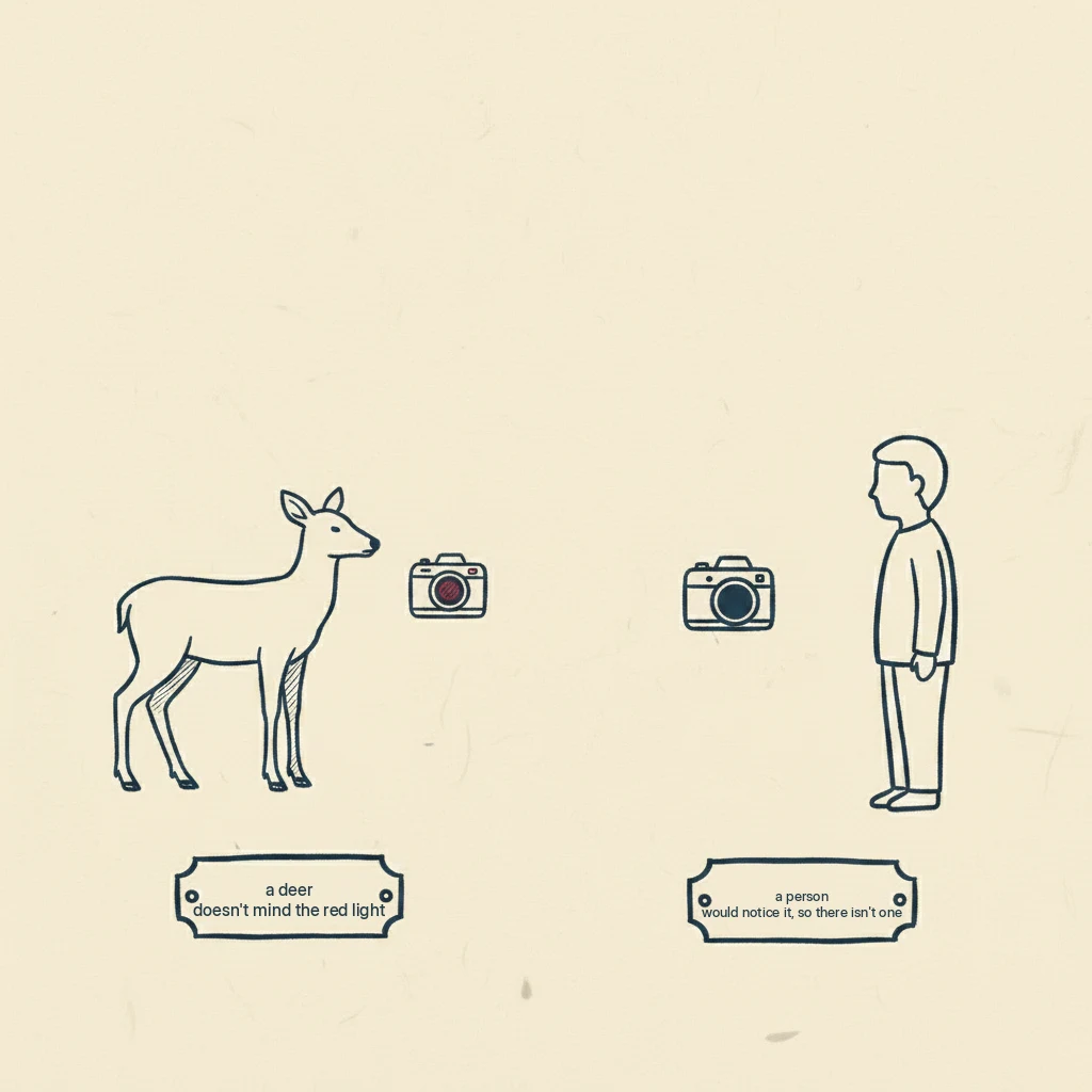 a drawing showing that low-glow cameras are meant for watching animals and no-glow cameras are better when a person might notice the light