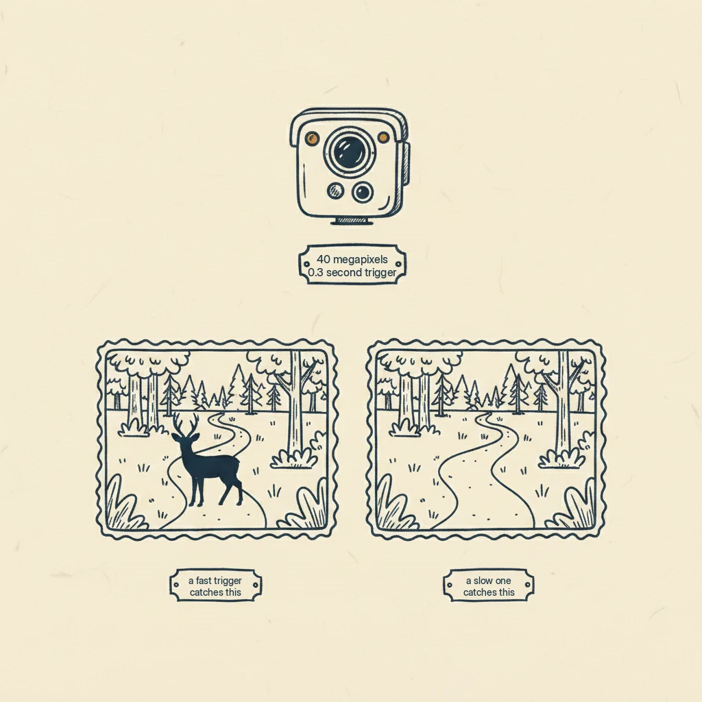 a drawing showing that how fast a trail camera takes the picture matters more than how many megapixels it has