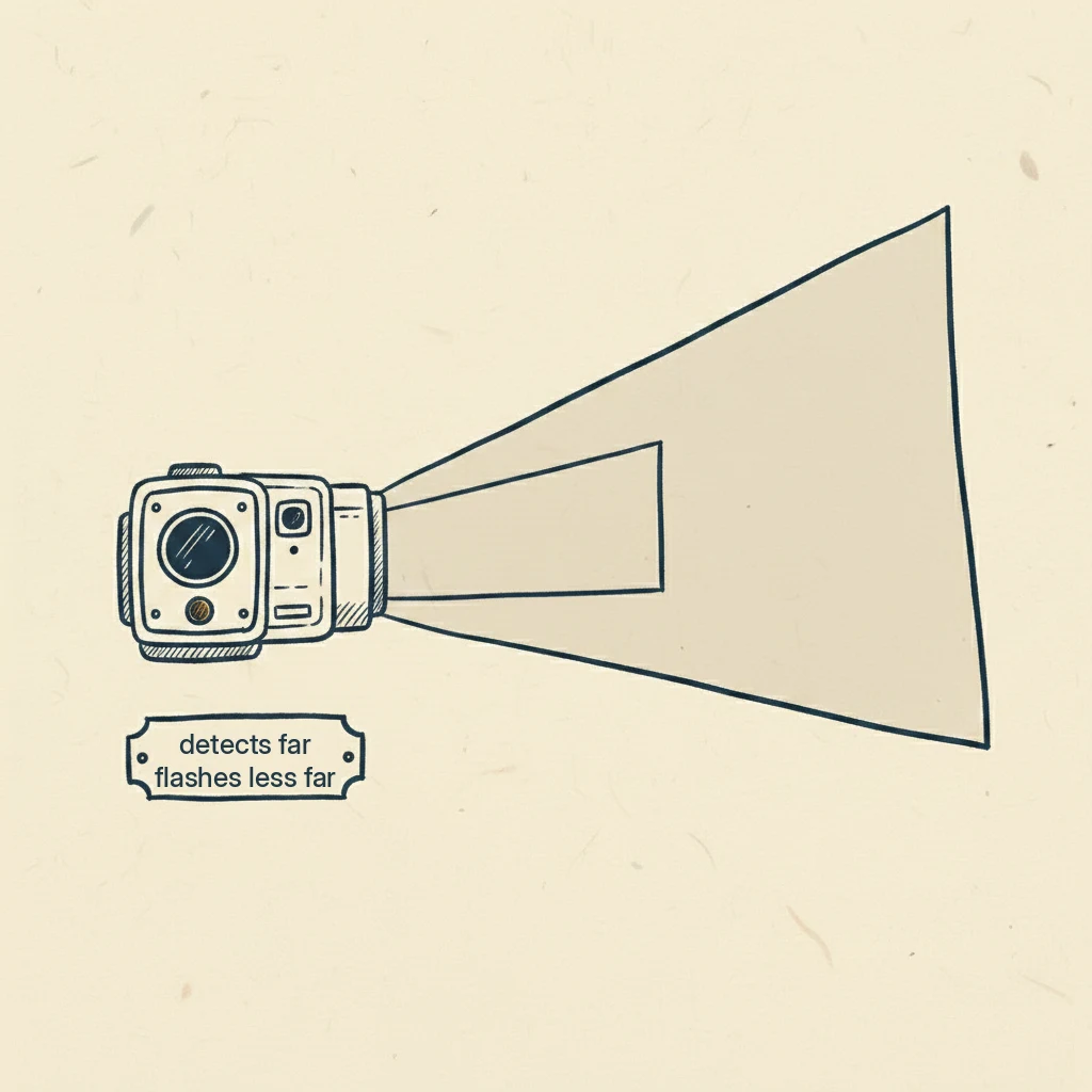 a drawing showing that a trail camera can sense an animal farther away than its flash can light it up