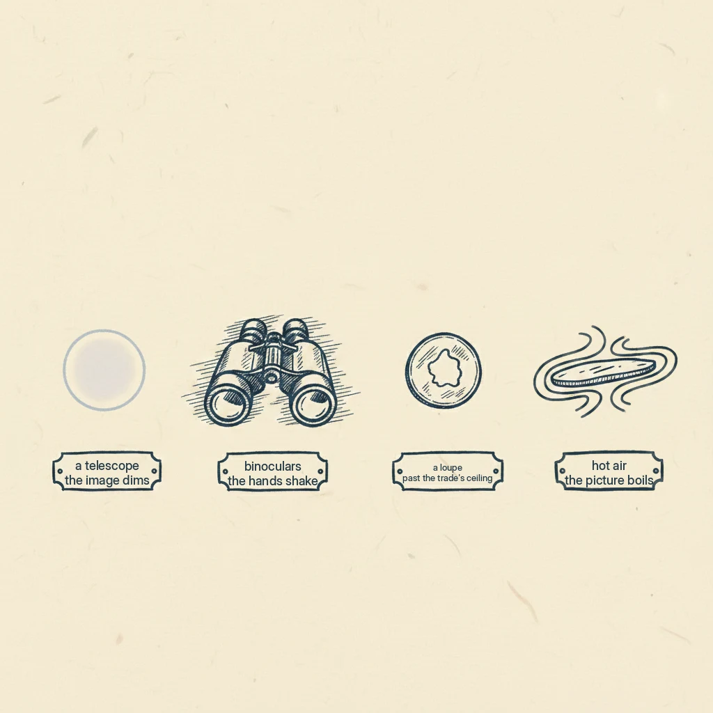 a drawing showing the four physical reasons more magnification stops helping, a dimmer image, shaking hands, no more detail to see, and wavy hot air