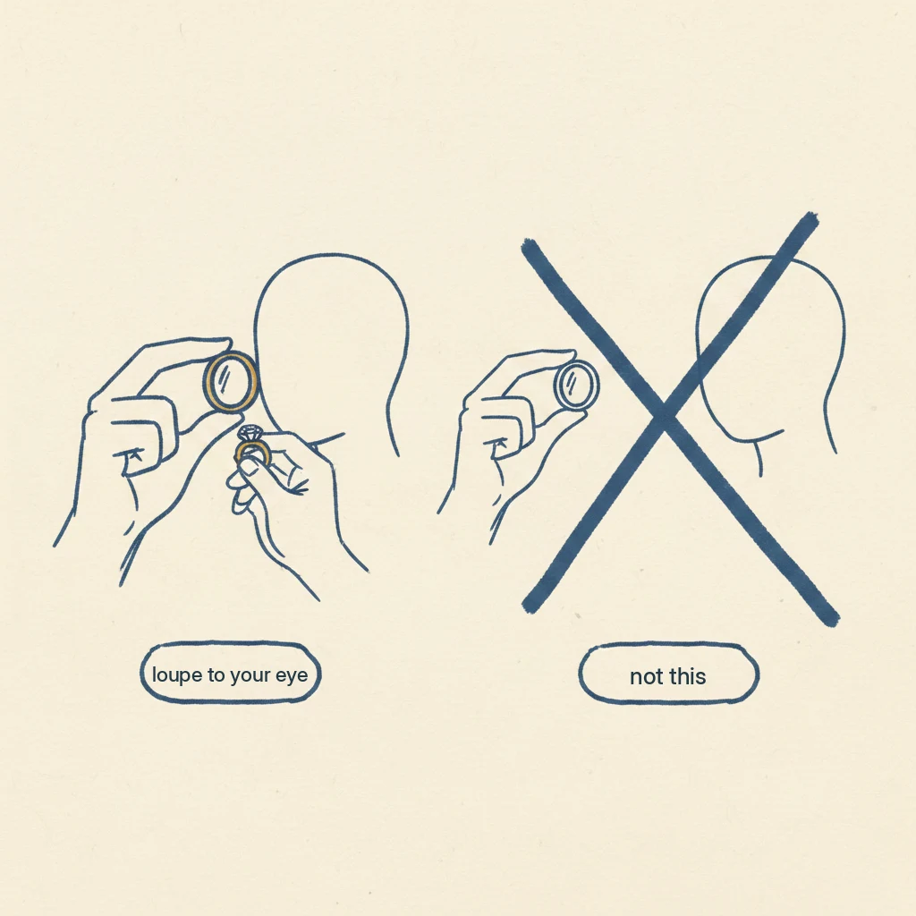 how to use a jewelers loupe, hold it right up to your eye, brace your hand on your cheek, and move the ring toward it until it comes into focus