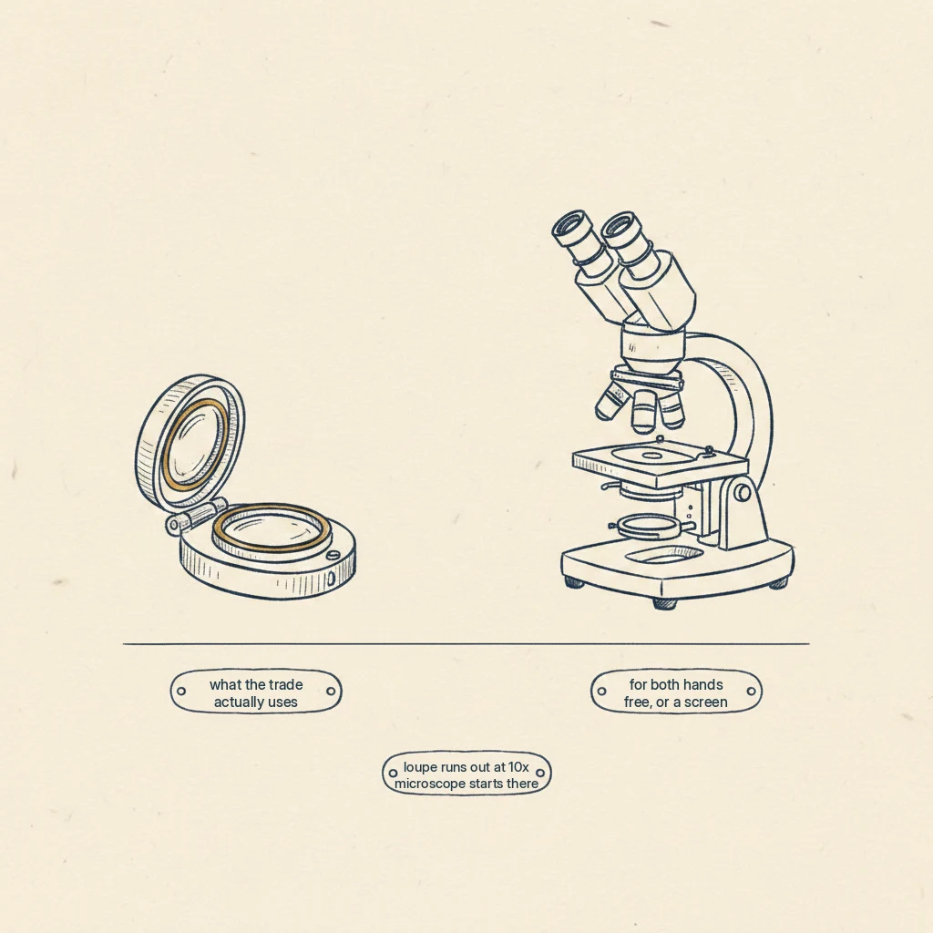 a jewelers loupe versus a microscope, the loupe is what jewelers really use, and the microscope is for when you need more magnification or both hands free