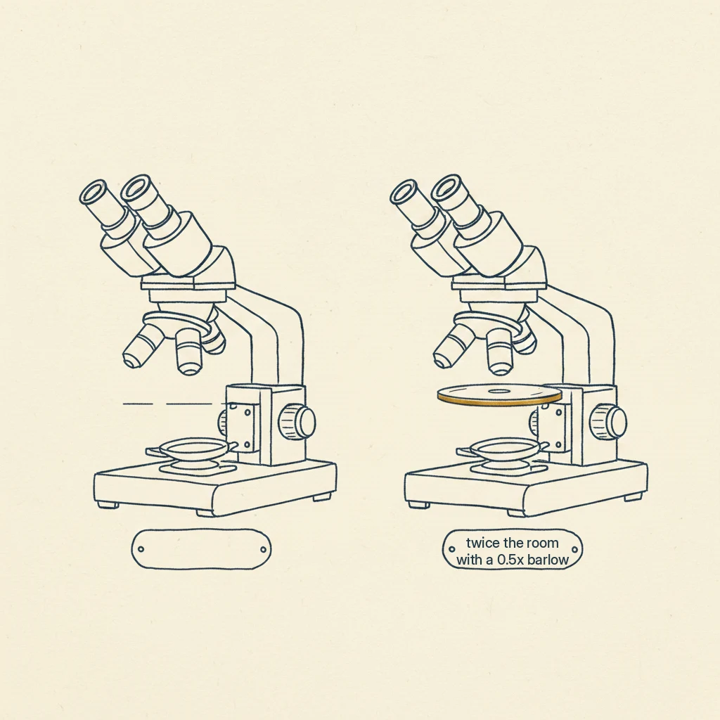 A 0.5x Barlow lens gives you twice as much room under a soldering microscope
