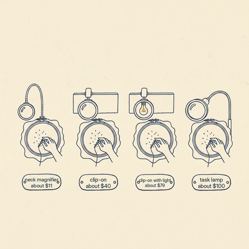 Types of magnifier for cross stitch: neck magnifier, clip-on magnifier, clip-on with light, and a magnifying lamp