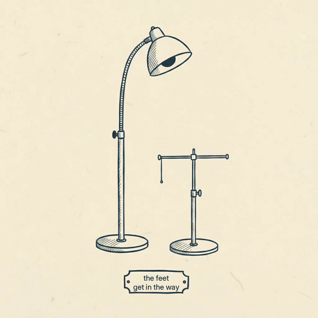 Why a floor standing magnifier lamp gets in the way of a floor stitching frame