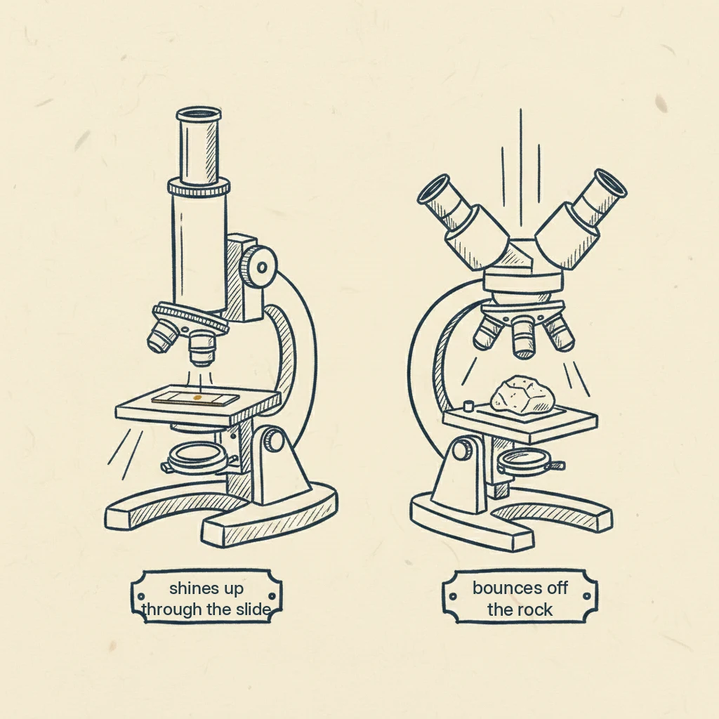why a stereo microscope works for rocks and a school microscope does not, the light has to bounce off the rock, not shine through it