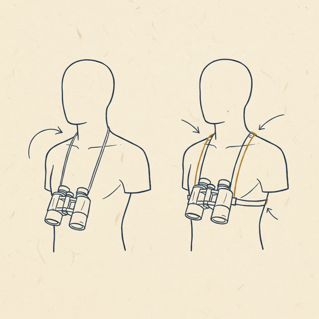 how a binocular harness changes where the weight goes: a neck strap hangs the load off your spine, a harness spreads it across both shoulders