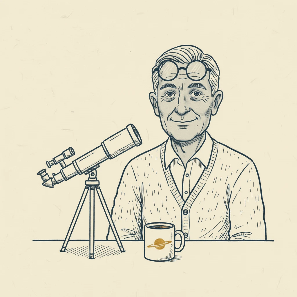 Illustrated portrait of Ray Ostrander, gray hair, thick glasses pushed up, cardigan, the old classroom telescope beside him